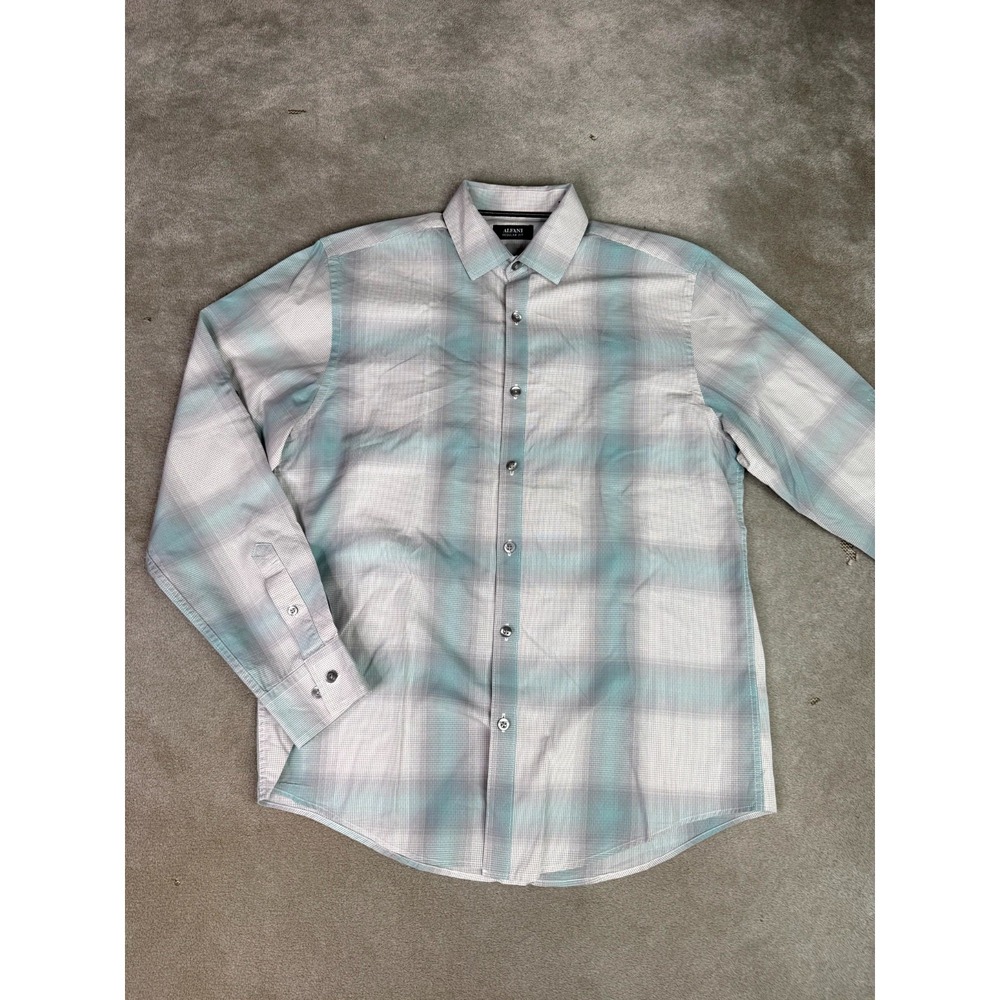 Alfani Shirt Mens Small Blue Gray Shadow Plaid Cotton Regular Fit Button Up